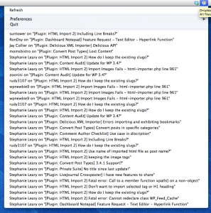 NewsBee screenshot showing the list of my plugin support forum headlines