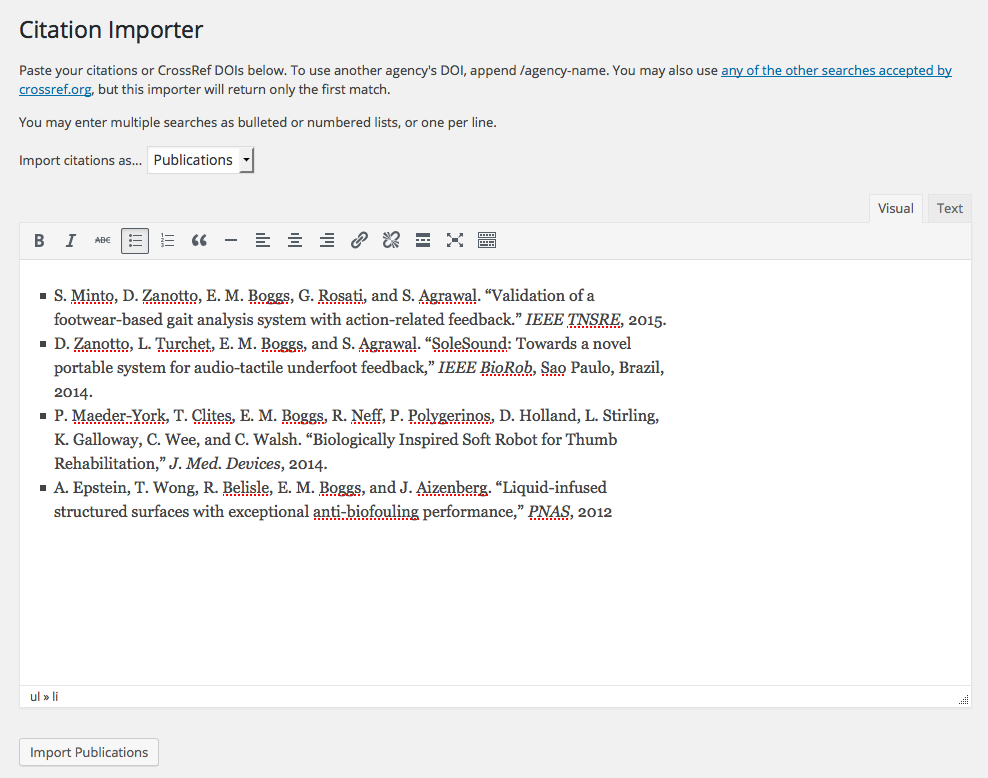 WordPress Citation Importer screen 1: text entry