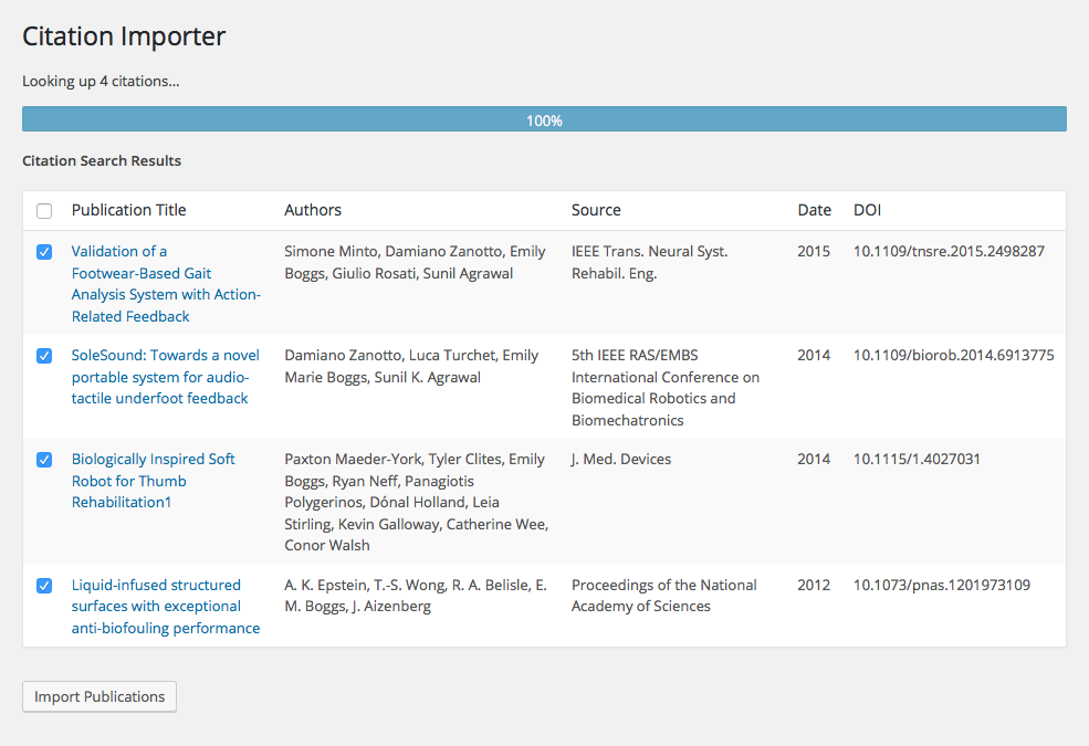WordPress Citation Importer screen 2: confirm search matches to import