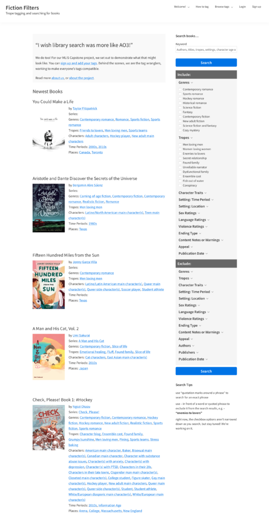 Full page screenshot of the fictionfilters.org home page showing several recent books with genre and trope tags as well as the dual include/exclude search interface