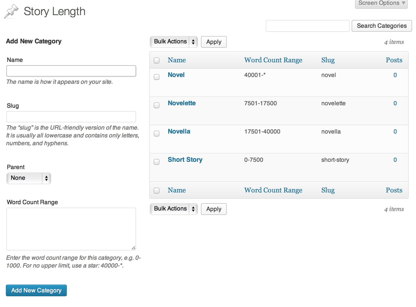 screenshot of the story length taxonomy terms in the usual category-edit screen