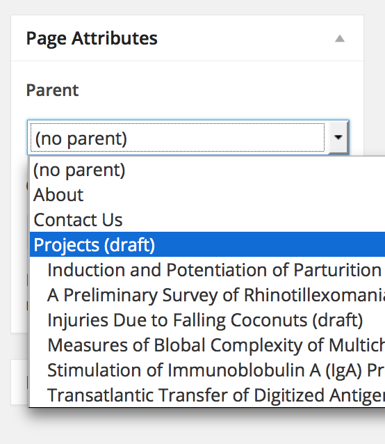 Fig 2-2. With Unpublished Hierarchies installed, you can choose draft or private pages as parents of another page.