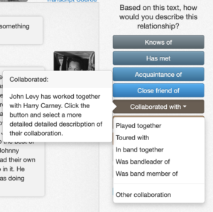 Relationships choice interface in LinkedJazz showing options for "Knows of," "Has met," "Acquaintance of," "Close friend of," and "Collaborated with" options